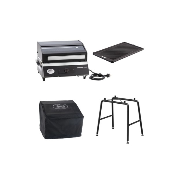 Videro E2-P Elektrogrill + Abdeckhaube + Grillplatte + Untergestell