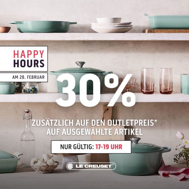 Le Creuset 30% zusätzlich auf den Outletpreis auf alle Gusseisenartikel - Happy Hours (A)